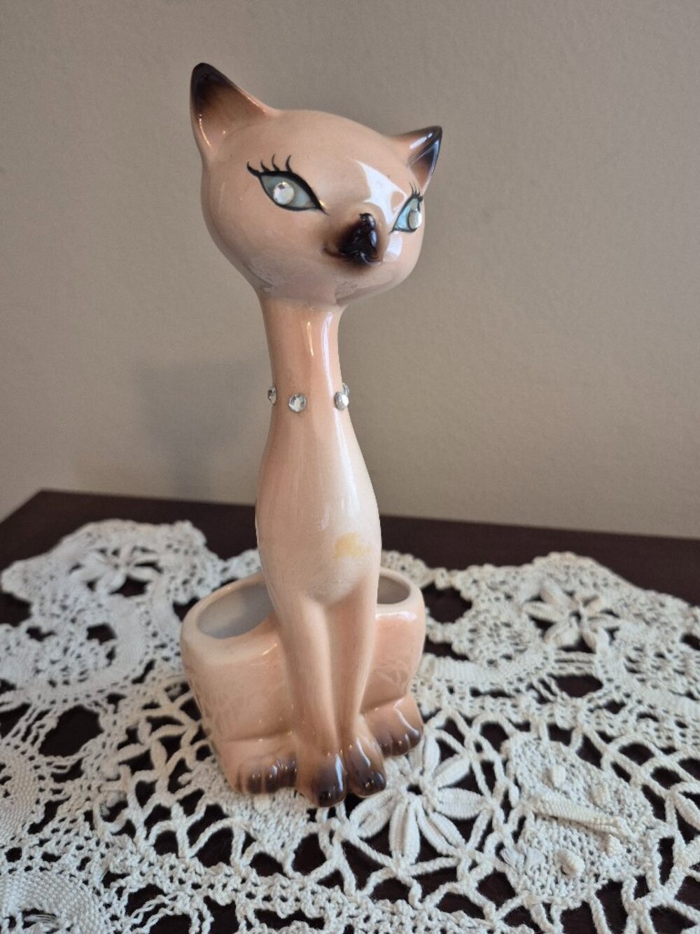 Vintage Long Neck Siamese Lipstick Holder MCM Rhinestone Eyes